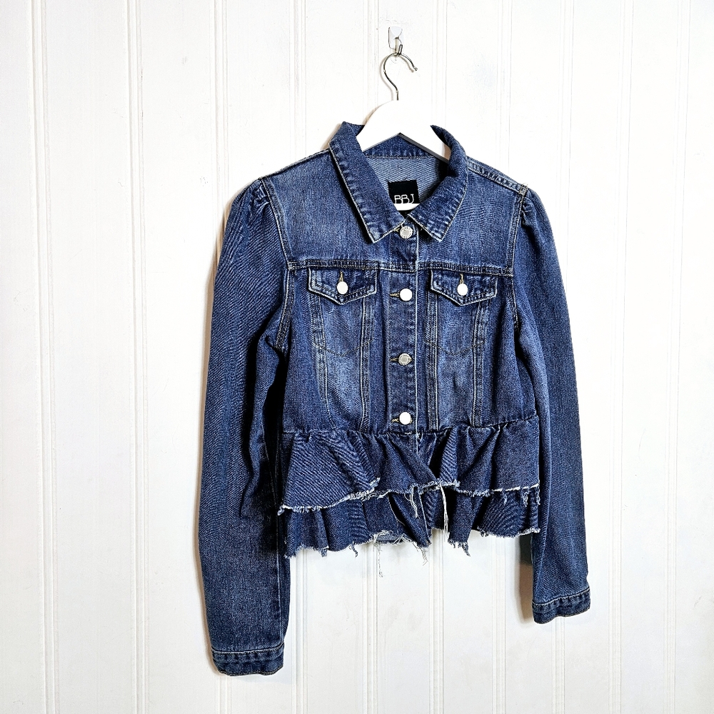BBJ Los Angeles Denim Jean Jacket M Tiered Ruffle Peplum Raw Hem Blue